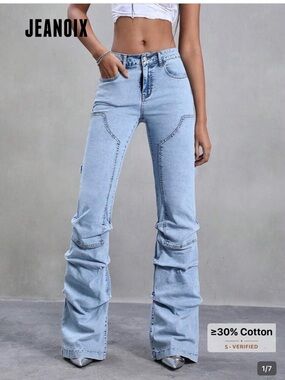 Light Blue High-Rise Ruched Flare Jeans